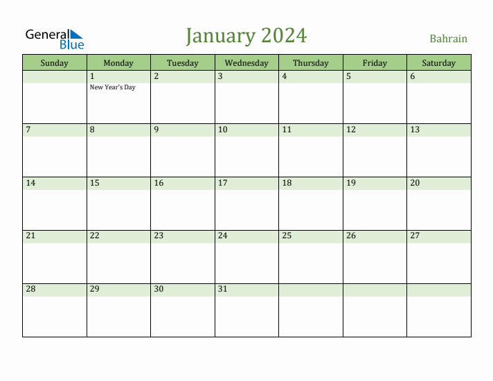 January 2024 Calendar with Bahrain Holidays