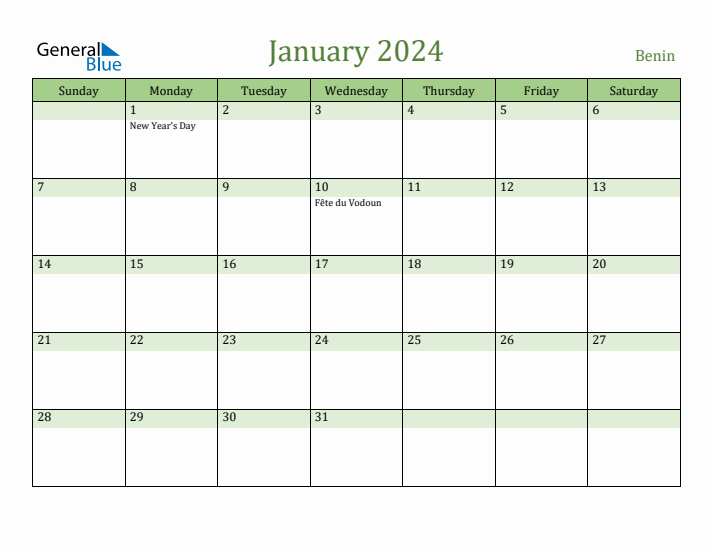 January 2024 Calendar with Benin Holidays