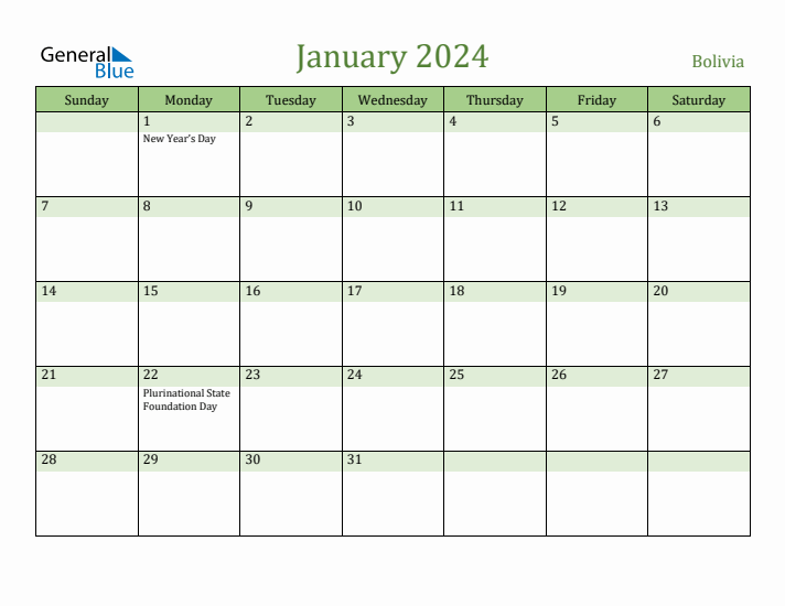 January 2024 Calendar with Bolivia Holidays