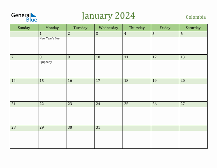 January 2024 Calendar with Colombia Holidays