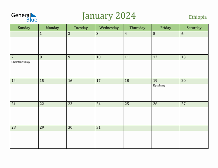 January 2024 Calendar with Ethiopia Holidays