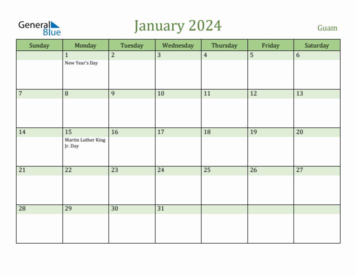 January 2024 Calendar with Guam Holidays