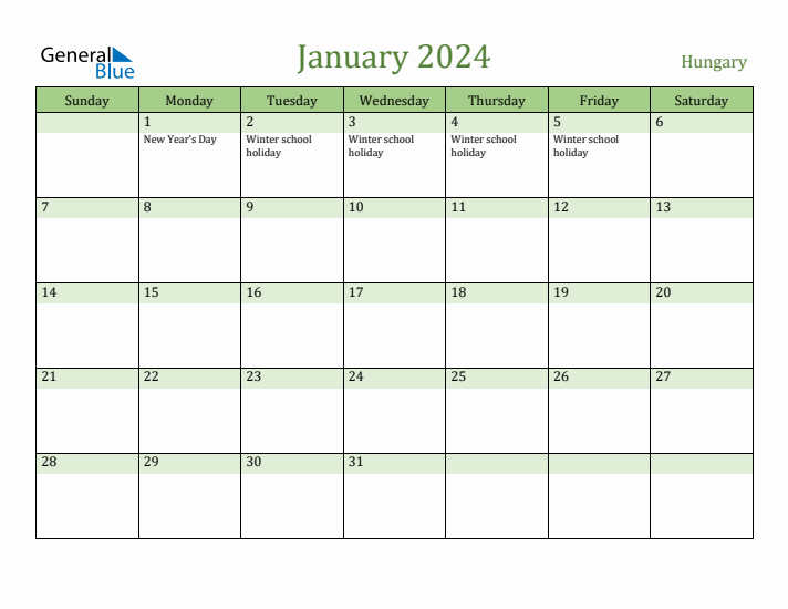 January 2024 Calendar with Hungary Holidays