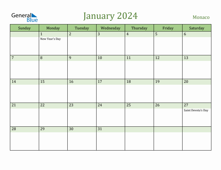 January 2024 Calendar with Monaco Holidays