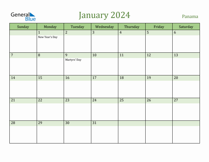 January 2024 Calendar with Panama Holidays