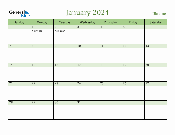 January 2024 Calendar with Ukraine Holidays