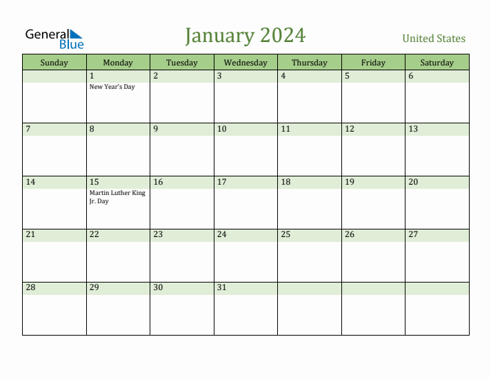 January 2024 Calendar with United States Holidays