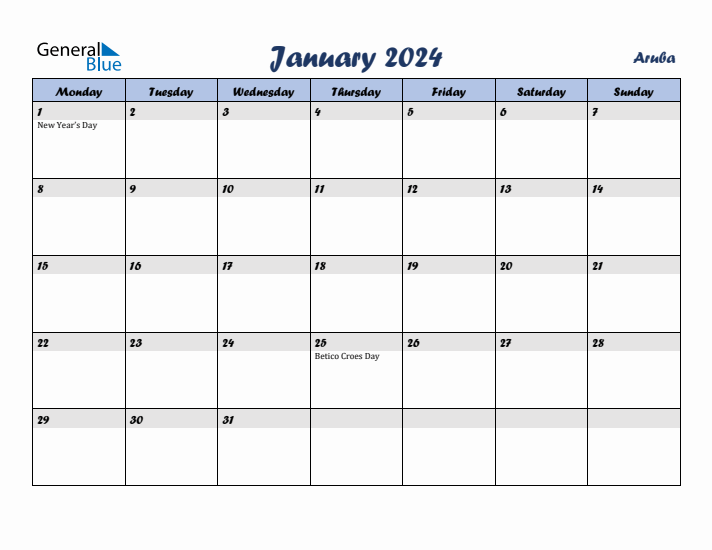 January 2024 Calendar with Holidays in Aruba