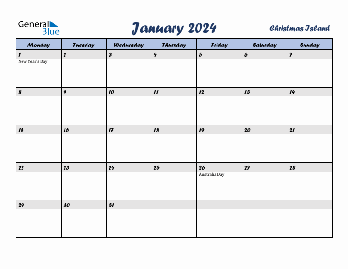 January 2024 Calendar with Holidays in Christmas Island