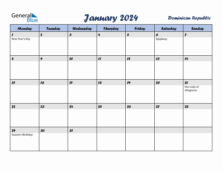 January 2024 Calendar with Holidays in Dominican Republic