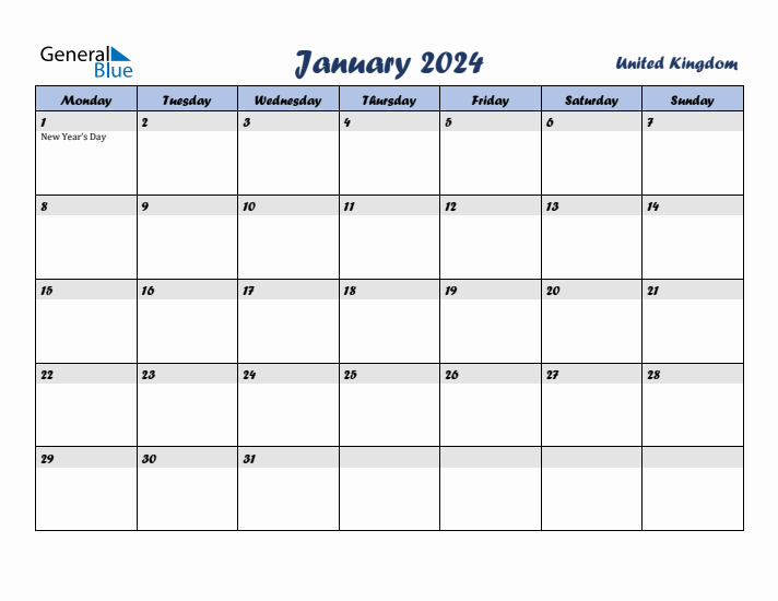 January 2024 Calendar with Holidays in United Kingdom