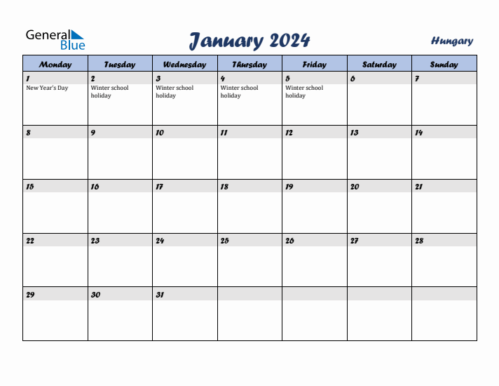 January 2024 Calendar with Holidays in Hungary