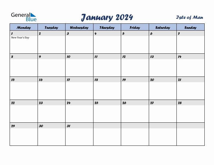 January 2024 Calendar with Holidays in Isle of Man