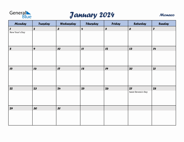 January 2024 Calendar with Holidays in Monaco