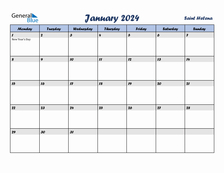 January 2024 Calendar with Holidays in Saint Helena