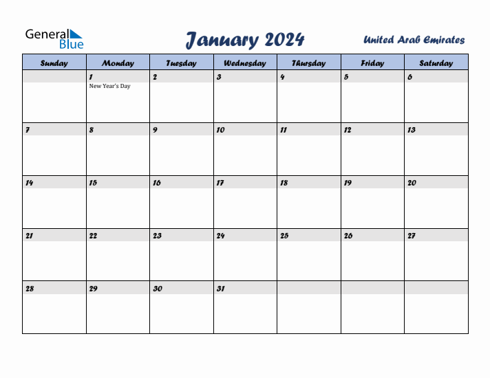 January 2024 Calendar with Holidays in United Arab Emirates