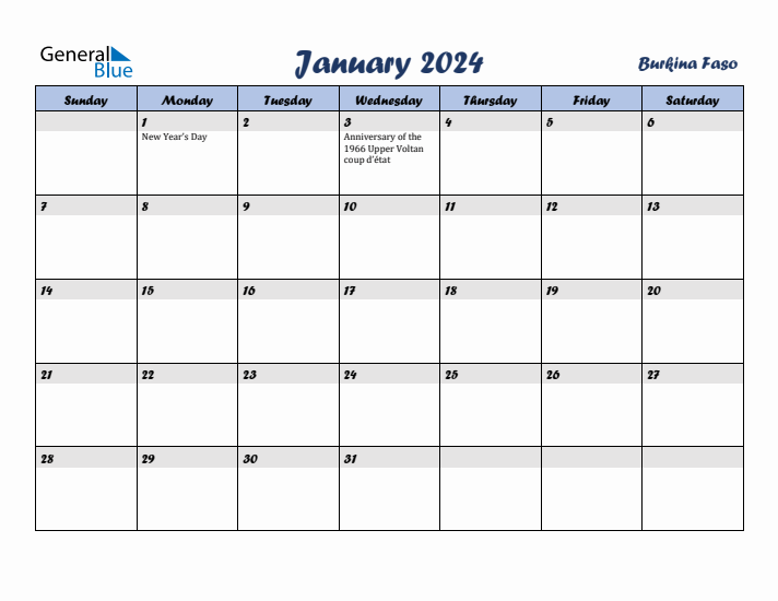 January 2024 Calendar with Holidays in Burkina Faso