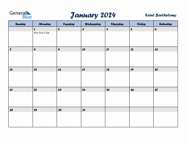 January 2024 Calendar with Holidays in Saint Barthelemy