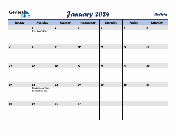 January 2024 Calendar with Holidays in Bolivia