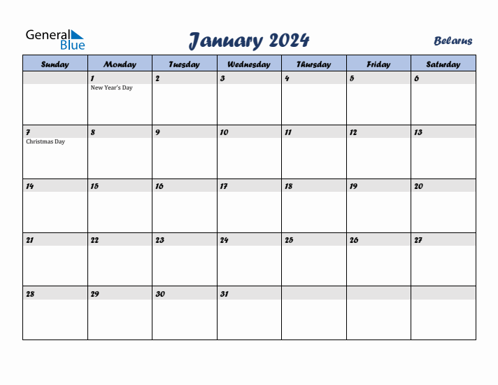 January 2024 Calendar with Holidays in Belarus