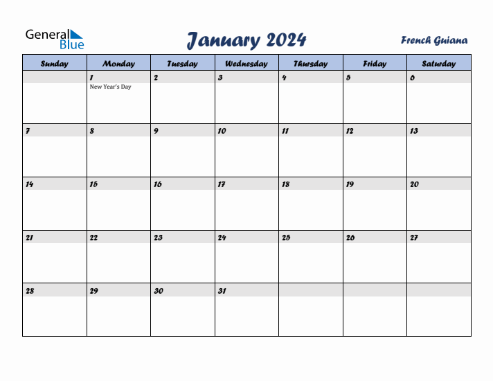 January 2024 Calendar with Holidays in French Guiana