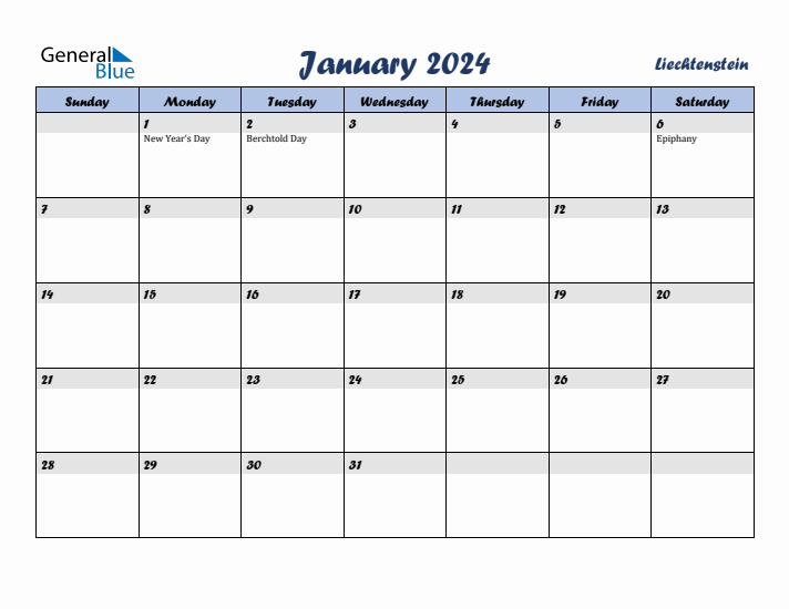 January 2024 Calendar with Holidays in Liechtenstein