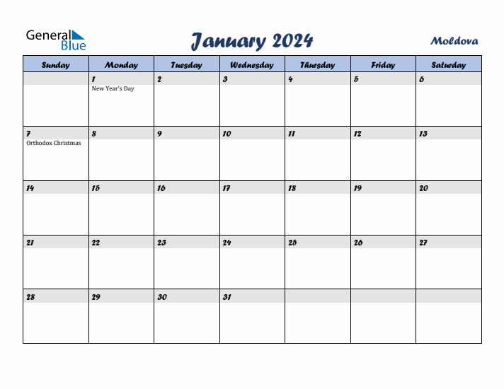 January 2024 Calendar with Holidays in Moldova