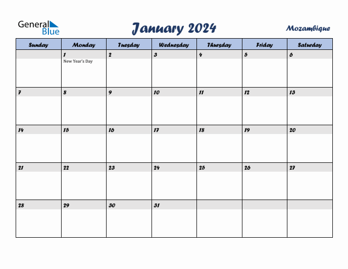 January 2024 Calendar with Holidays in Mozambique