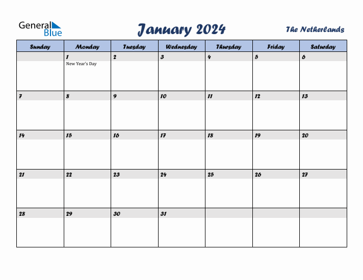 January 2024 Calendar with Holidays in The Netherlands