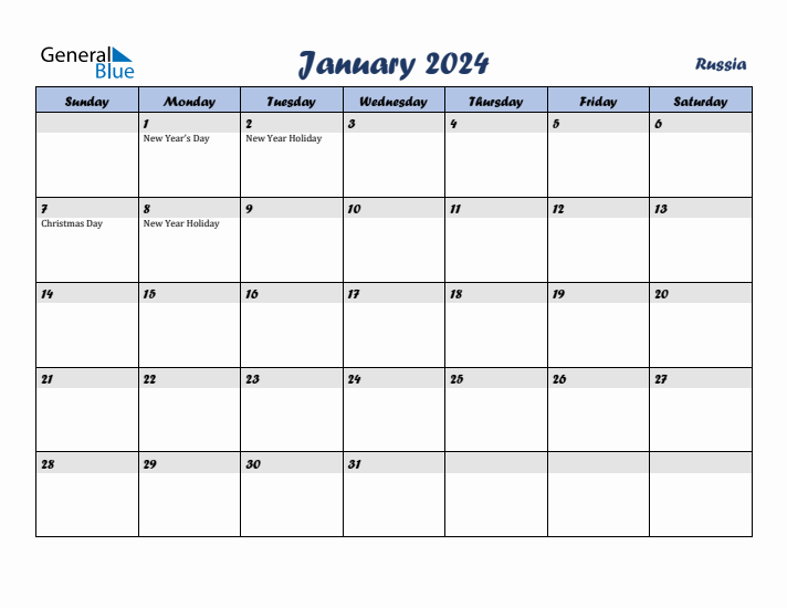 January 2024 Calendar with Holidays in Russia