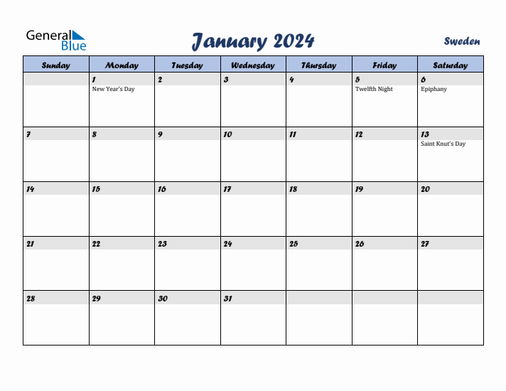 January 2024 Calendar with Holidays in Sweden