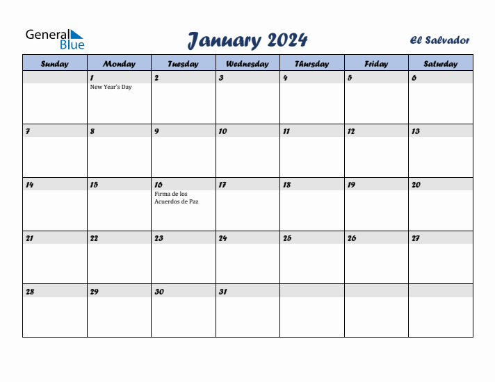 January 2024 Calendar with Holidays in El Salvador