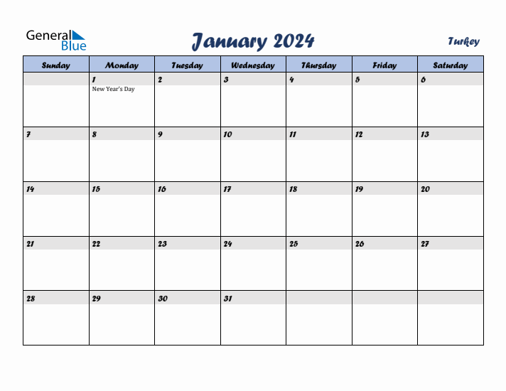 January 2024 Calendar with Holidays in Turkey