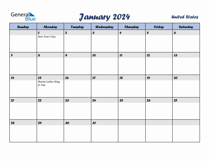 January 2024 Calendar with Holidays in United States