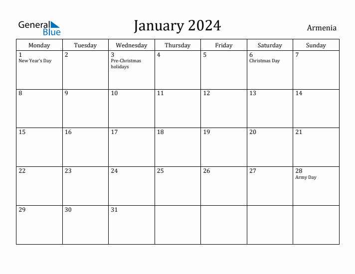 January 2024 Calendar Armenia