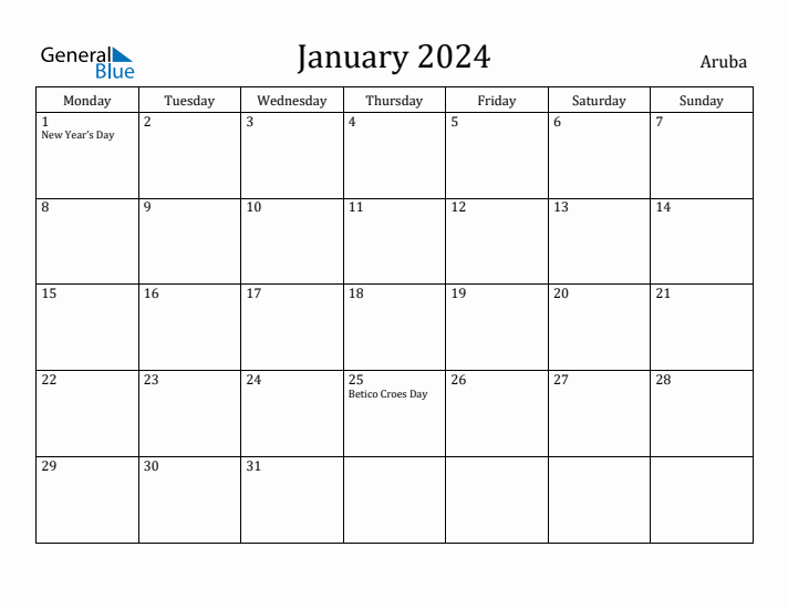 January 2024 Calendar Aruba