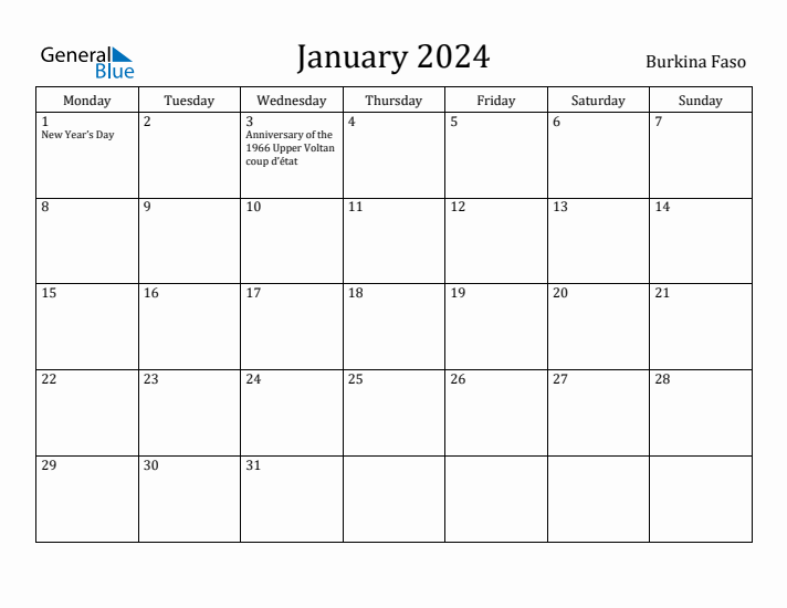 January 2024 Calendar Burkina Faso