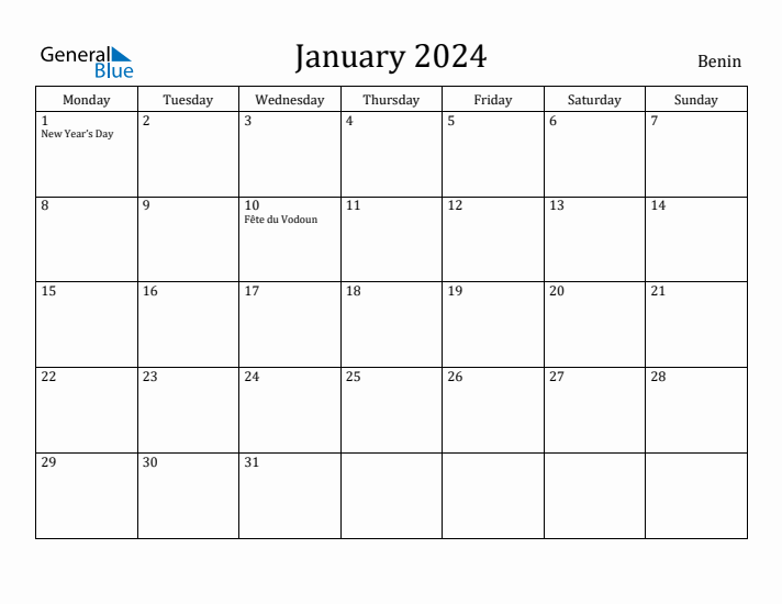 January 2024 Calendar Benin