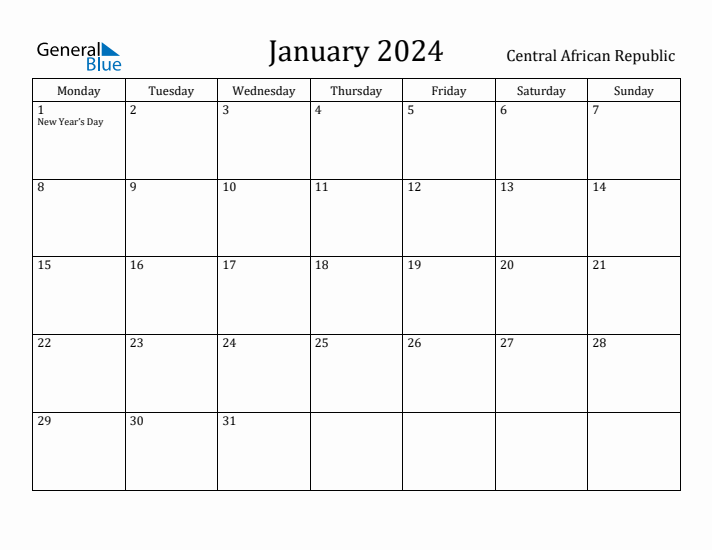 January 2024 Calendar Central African Republic