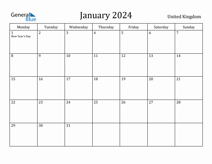 January 2024 Calendar United Kingdom