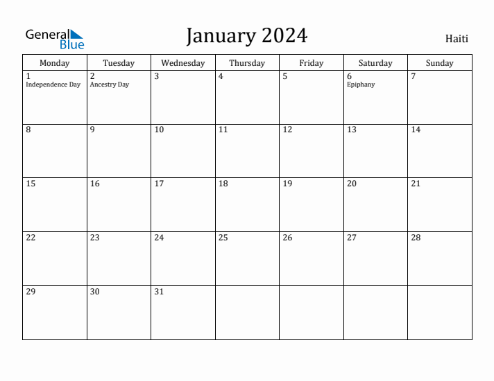 January 2024 Calendar Haiti