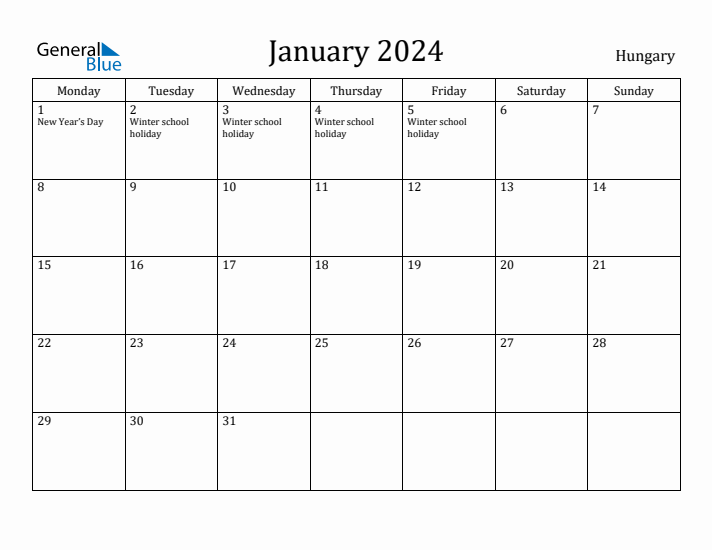 January 2024 Calendar Hungary