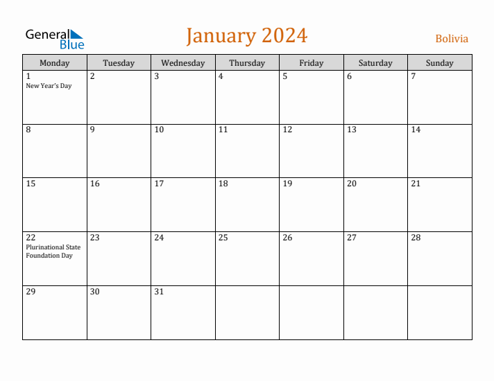 January 2024 Holiday Calendar with Monday Start