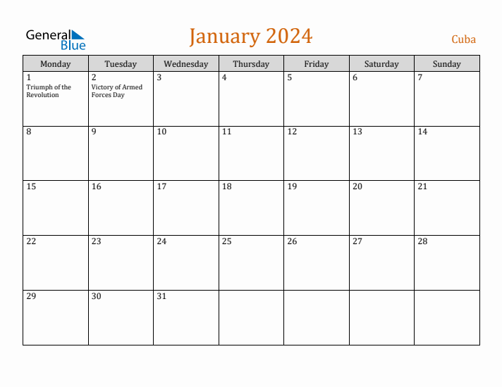 January 2024 Holiday Calendar with Monday Start