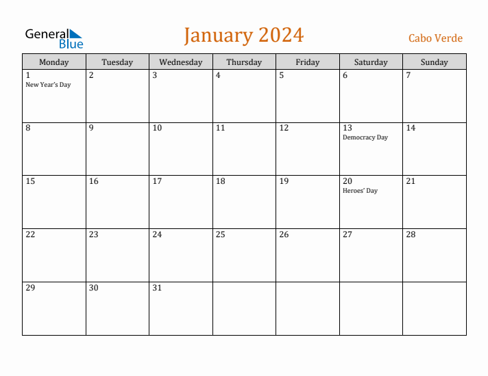 January 2024 Holiday Calendar with Monday Start