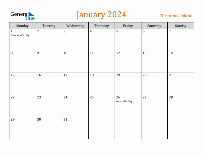 January 2024 Holiday Calendar with Monday Start