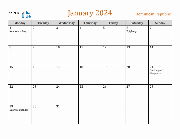 January 2024 Holiday Calendar with Monday Start