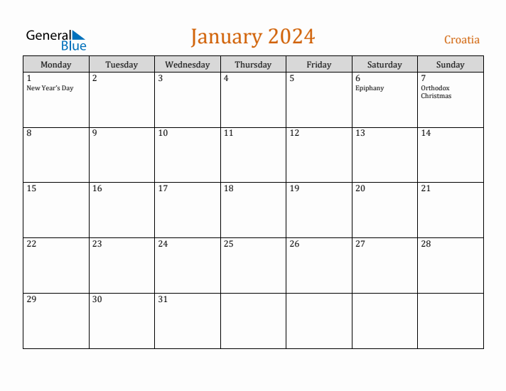 January 2024 Holiday Calendar with Monday Start