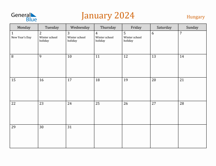 January 2024 Holiday Calendar with Monday Start