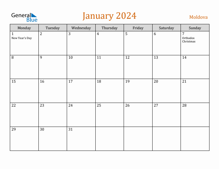 January 2024 Holiday Calendar with Monday Start